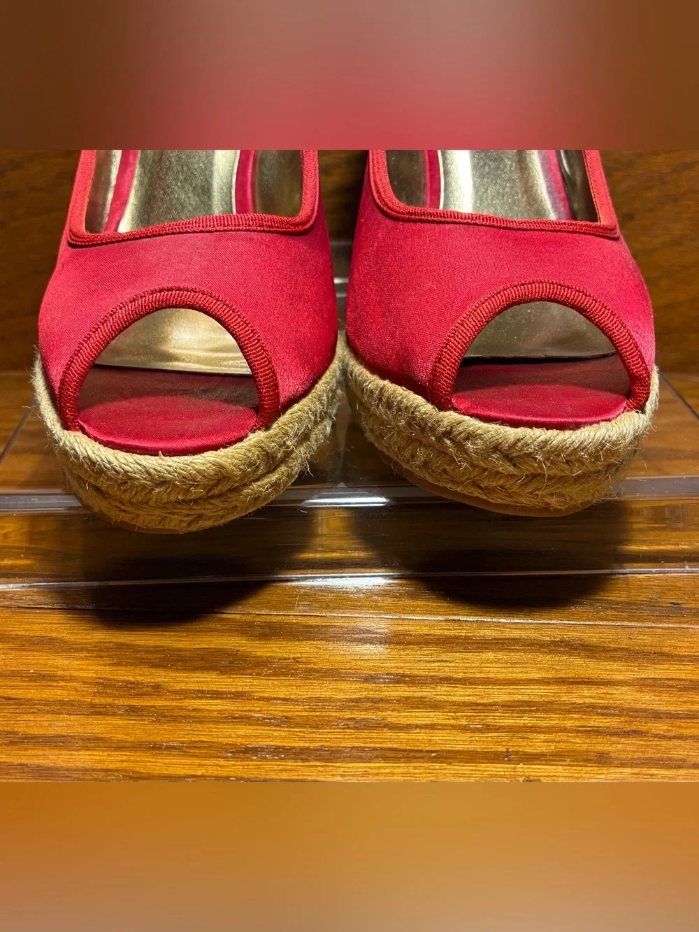Nine West Red Satin Espadrille Peep Toe Wedges Size 8
